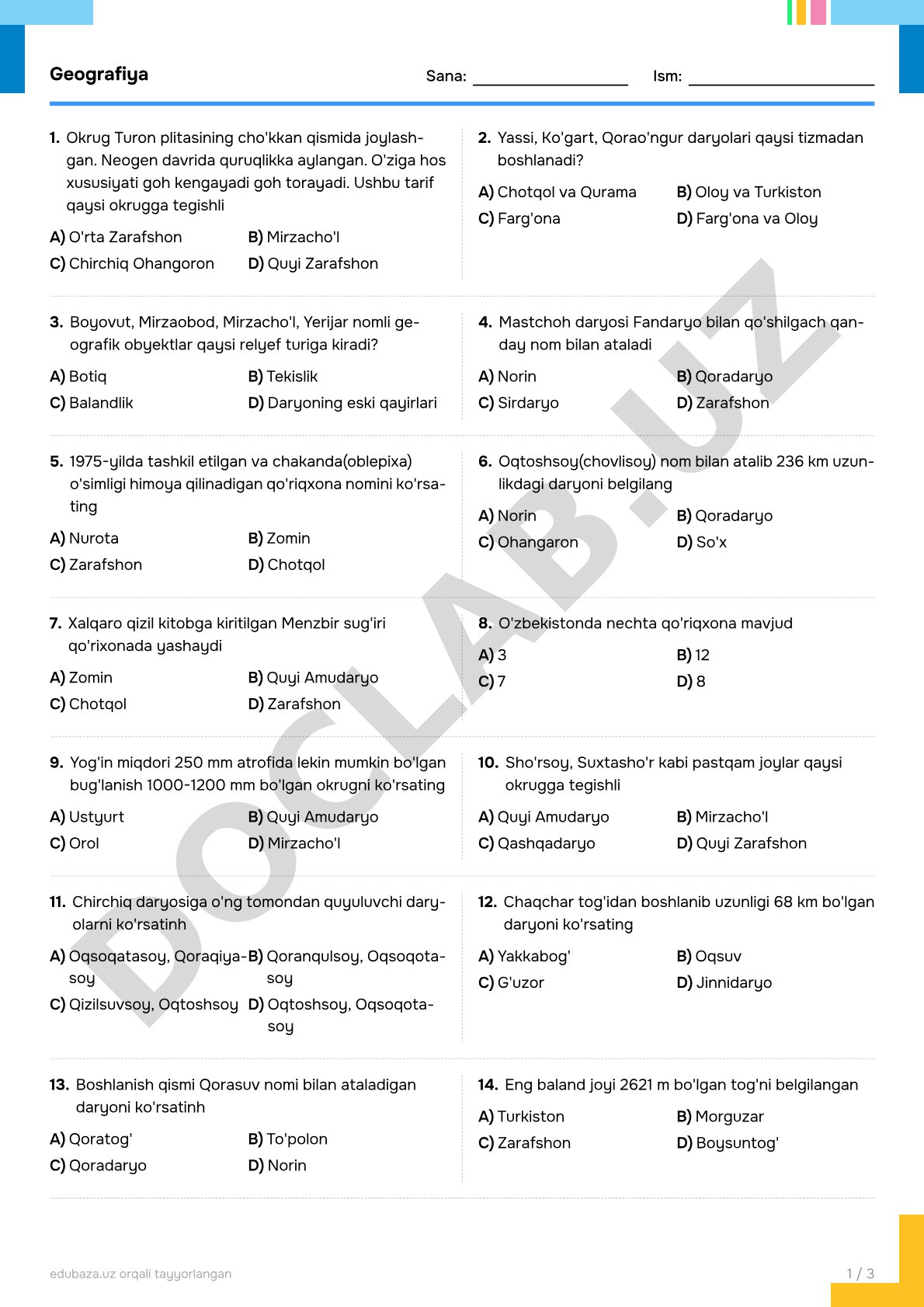 Geografiya fanidan test savollari