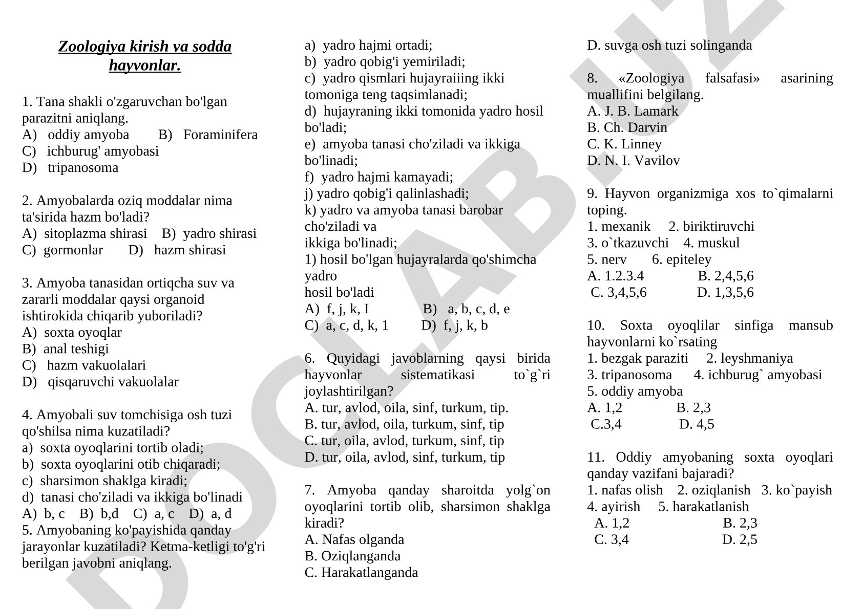 Zoologiya kirish va sodda hayvonlar test savollari