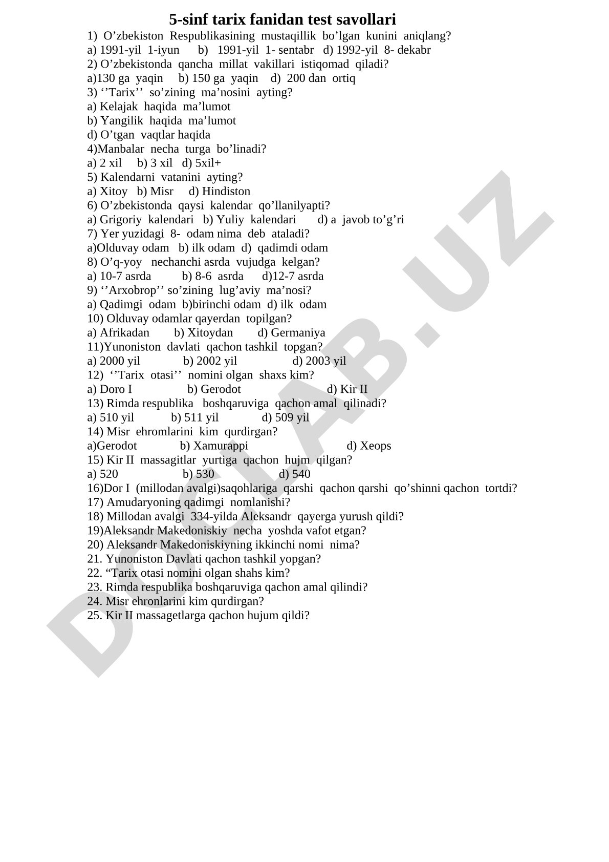 5-sinf tarix fanidan test savollari