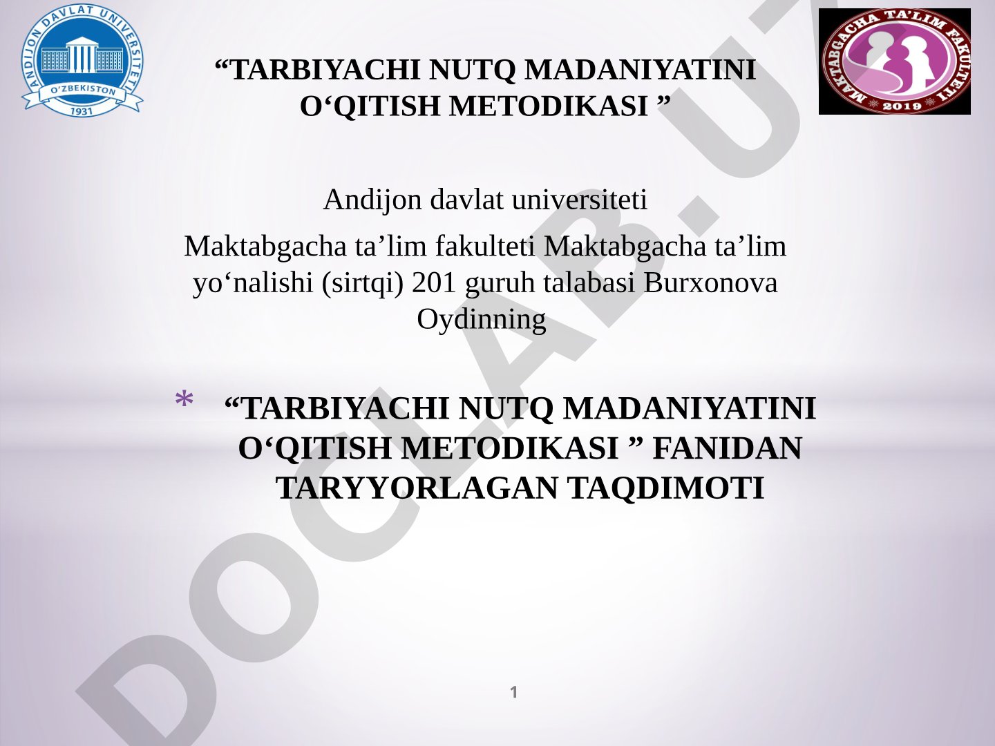 Nutq odobi mavzusidagi taqdimot: nutq tushunchasi, shakllanish tamoyillari, nutqiy