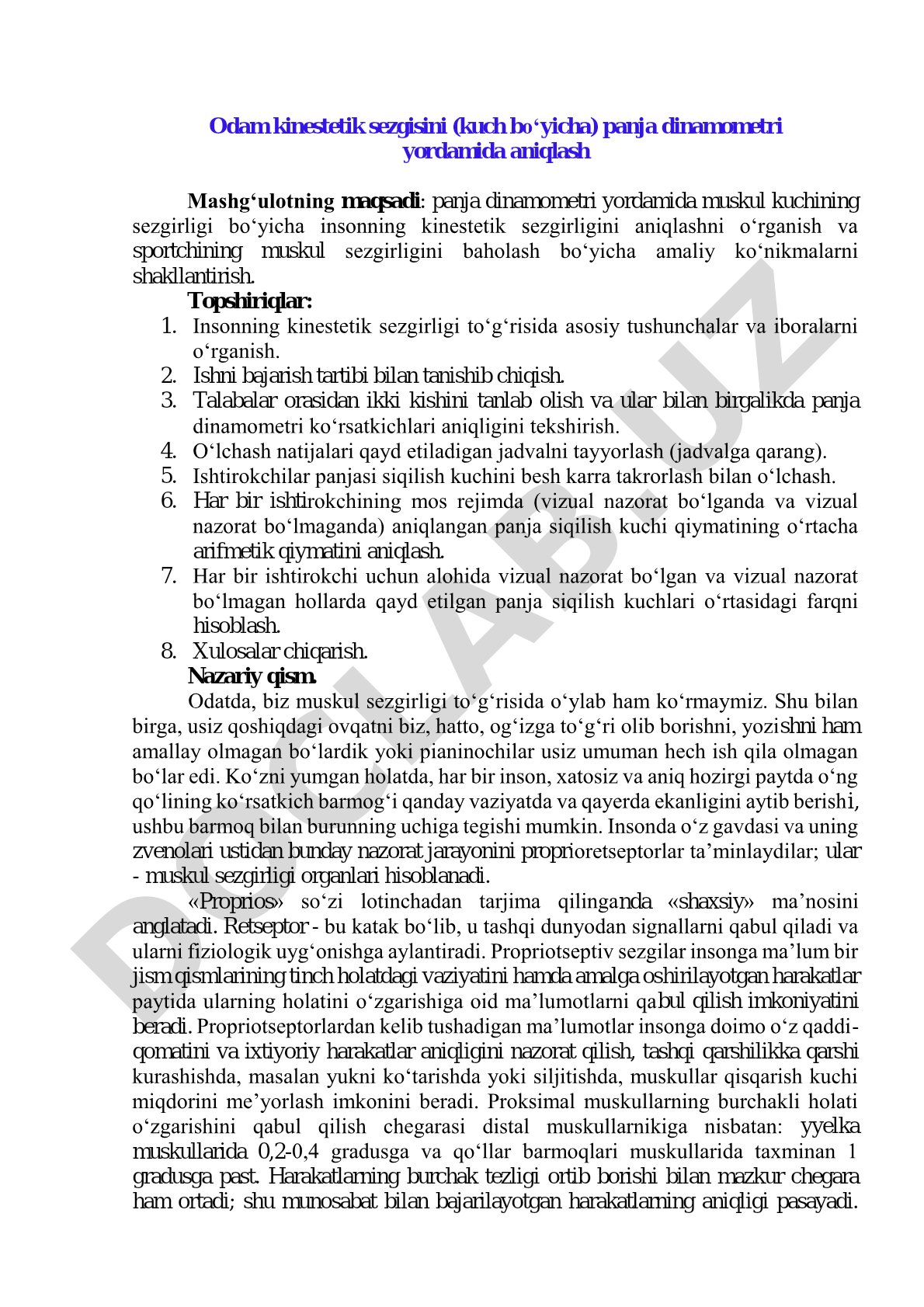 Odam kinestetik sezgisini (kuch bo‘yicha) panja dinamometri yordamida aniqlash