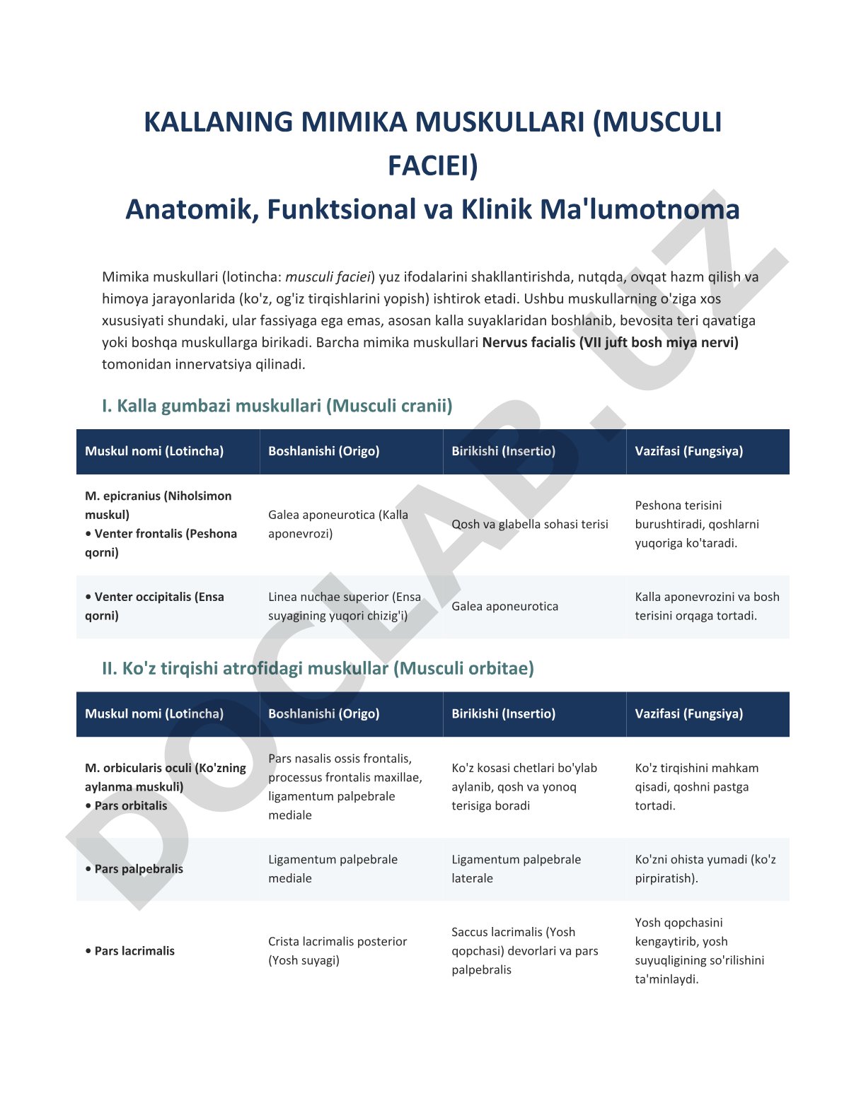 Kallaning mimika muskullari (Musculi faciei) anatomik, funksional va klinik ma'lumotnoma