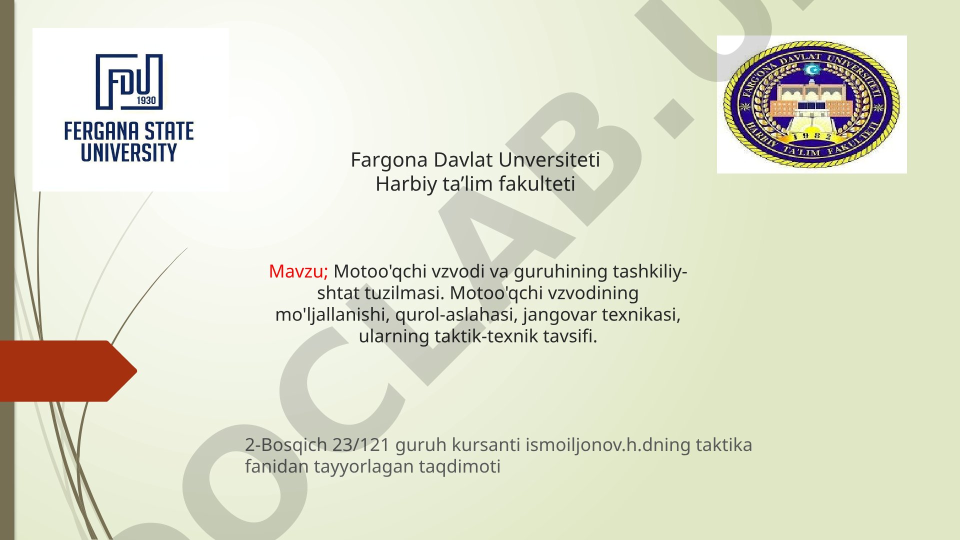 Motoo'qchi vzvodi va guruhining tashkiliy-shtat tuzilmasi