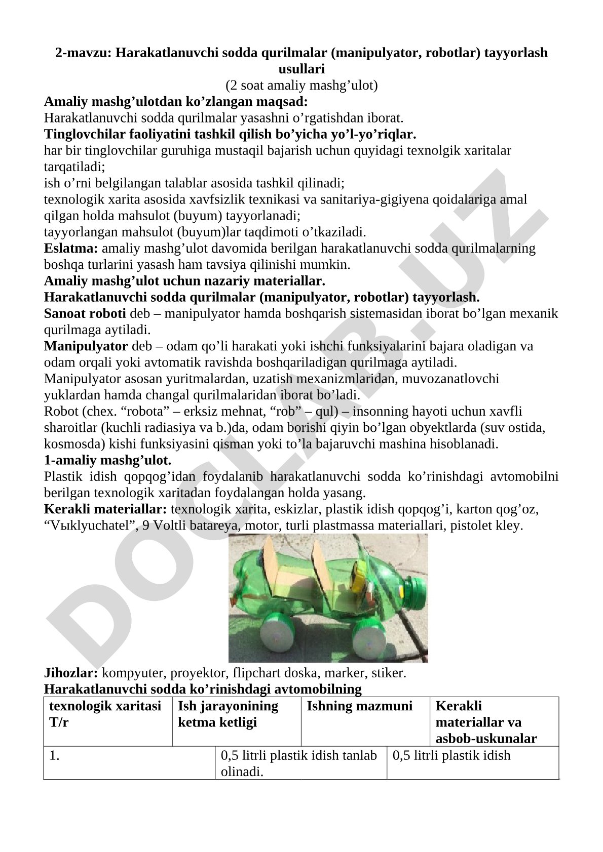 Harakatlanuvchi sodda qurilmalar (manipulyator, robotlar) tayyorlash usullari