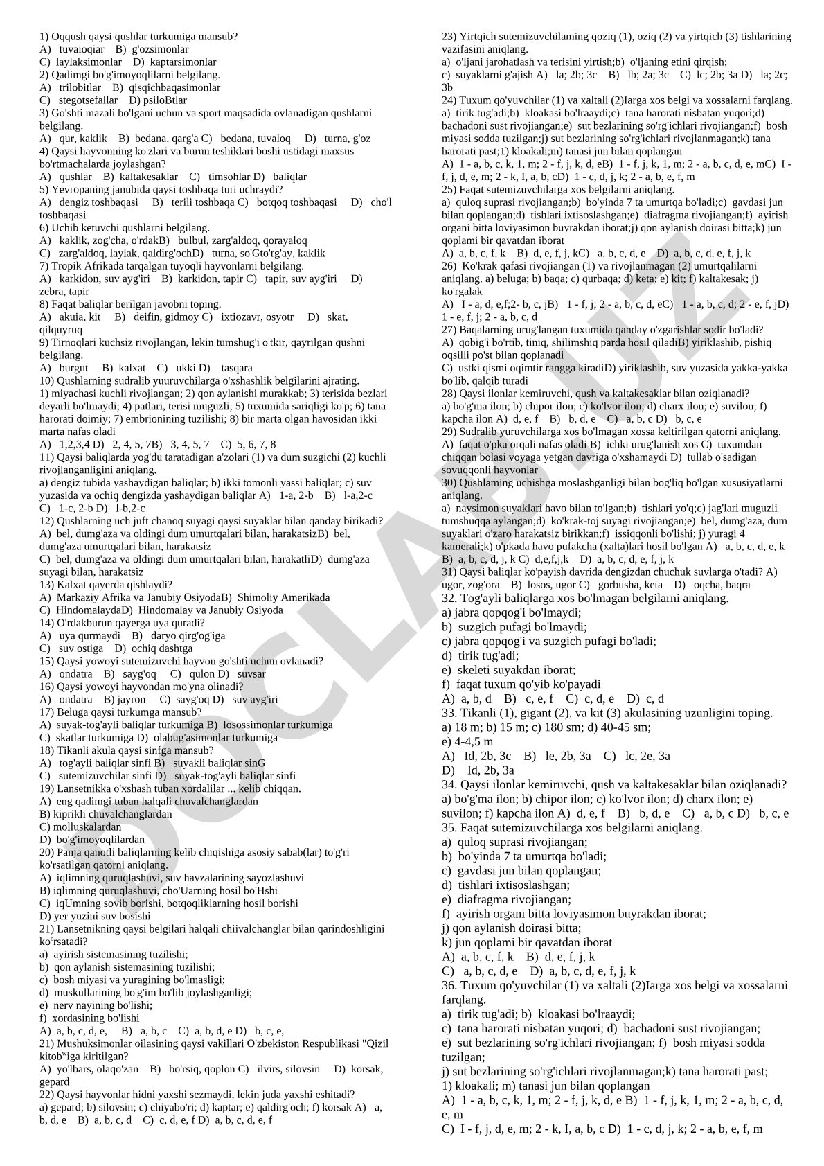 Biologiya fanidan hayvonlar haqida test savollari
