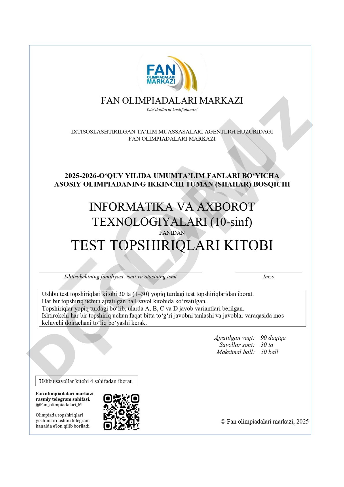 30 ta test savoliga to'g'ri javoblar kaliti