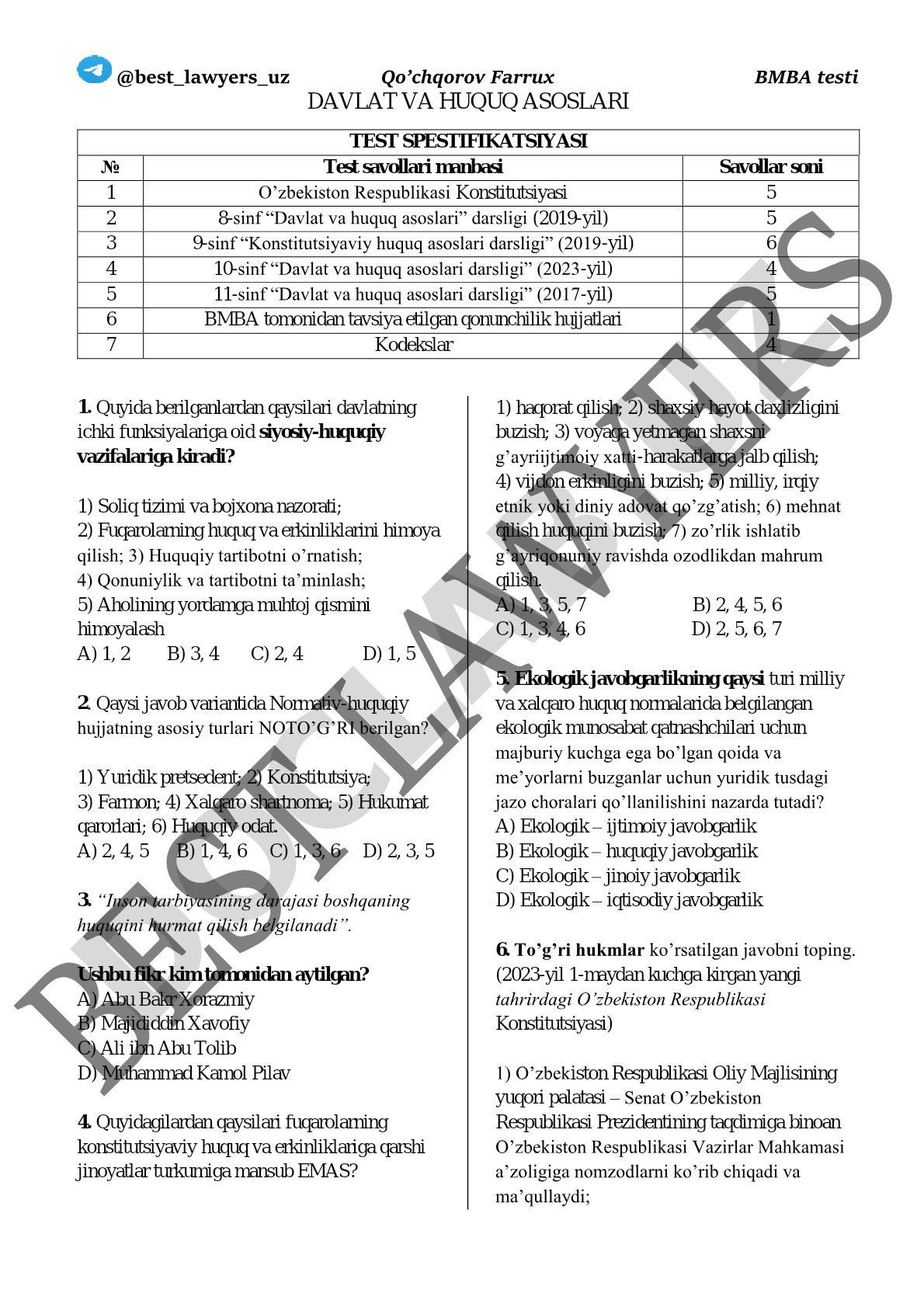 Davlat va huquq asoslari test spetsifikatsiyasi