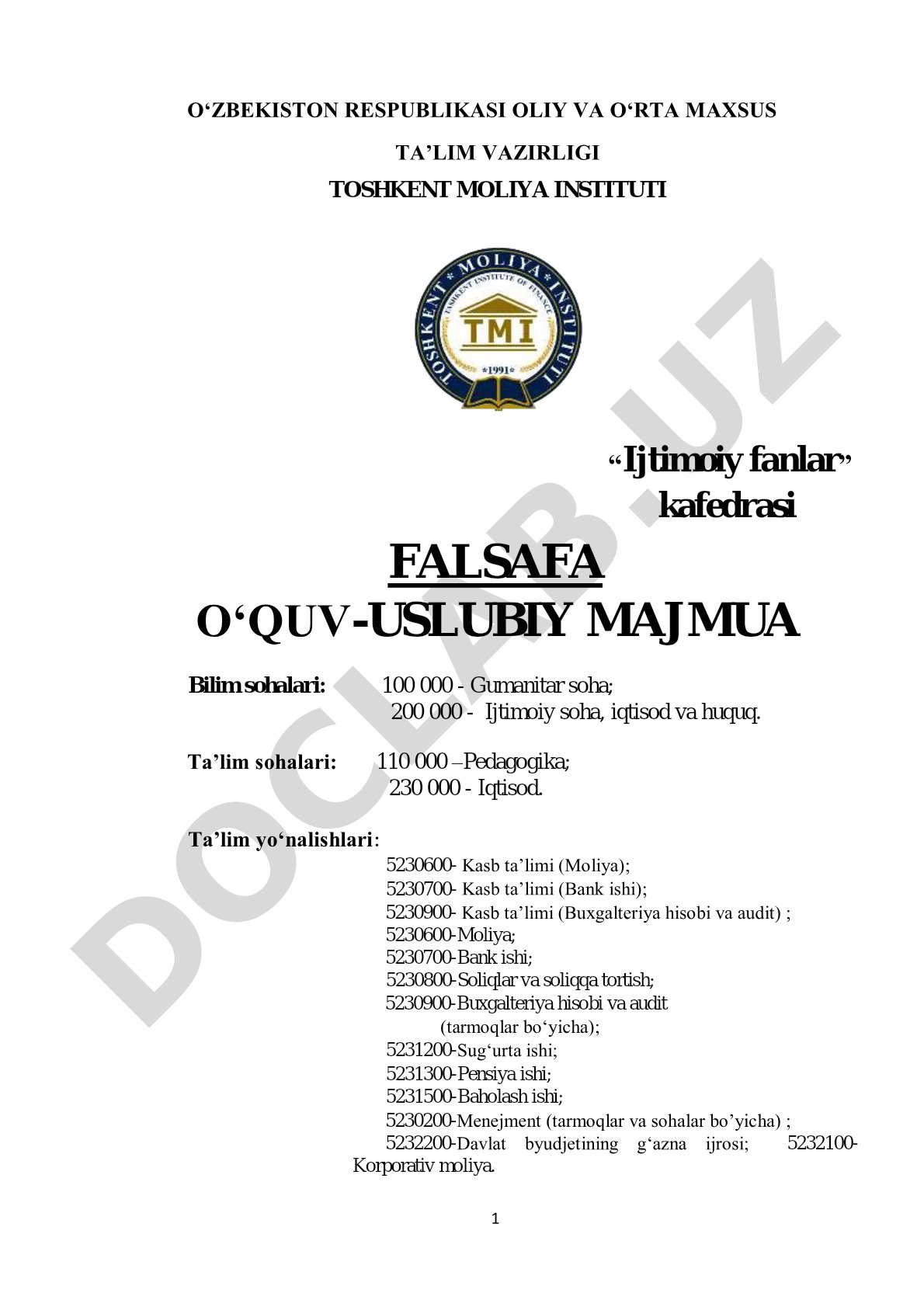 Falsafa fanidan o'quv-uslubiy majmua