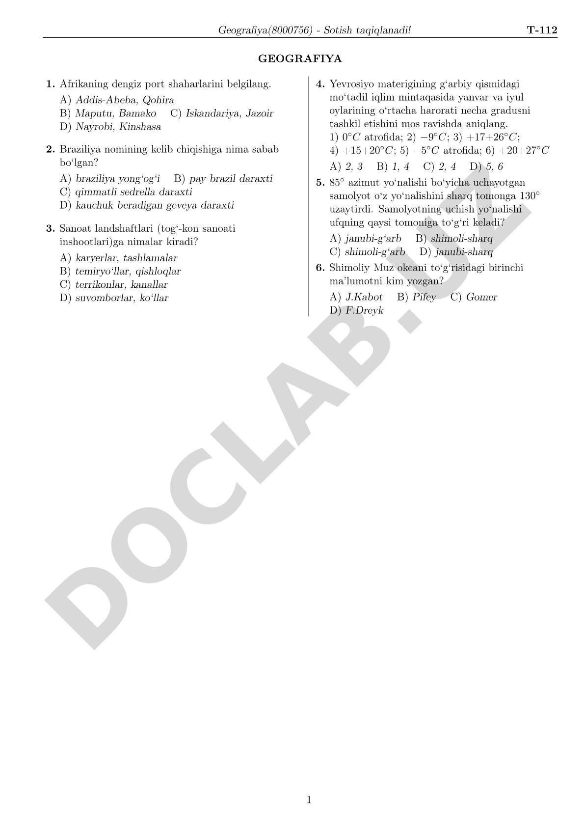 Geografiya test savollari