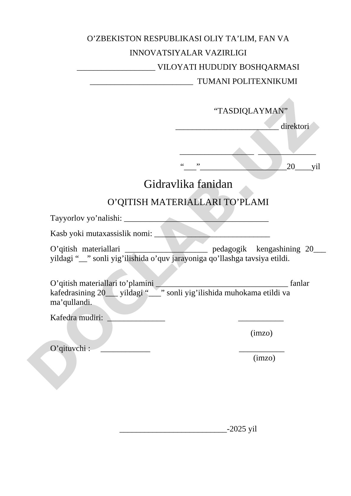 Gidravlika fanidan o'qitish materiallari to'plami