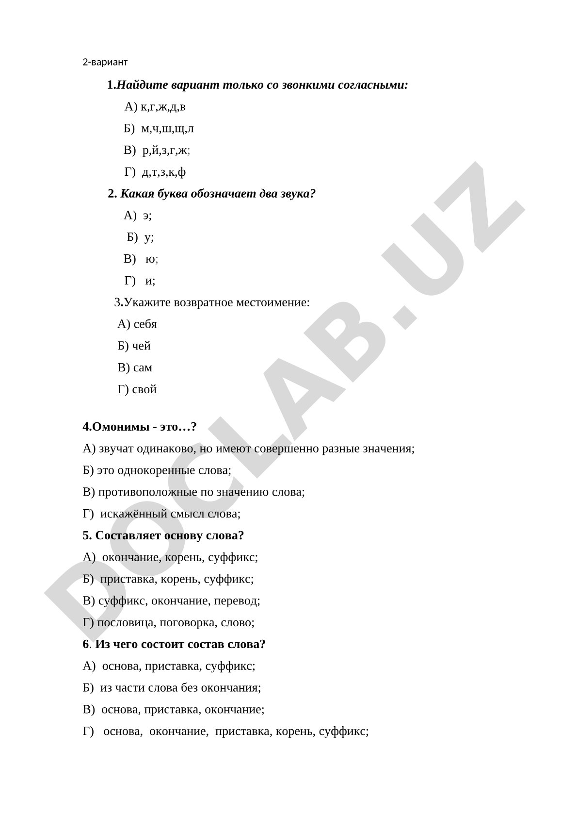 Контрольный тест по русскому языку (2 вариант)