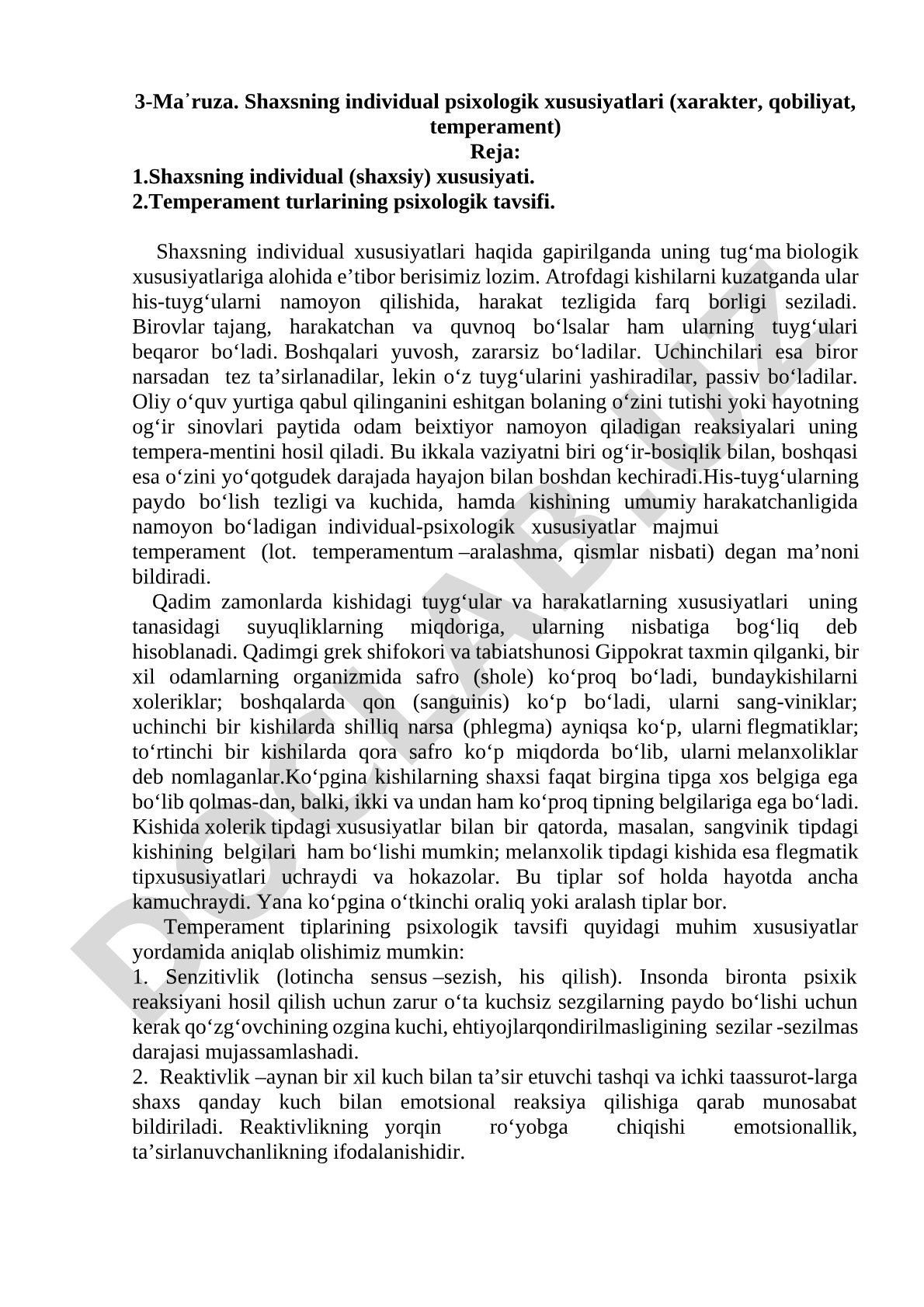 Shaxsning individual psixologik xususiyatlari (xarakter, qobiliyat, temperament)