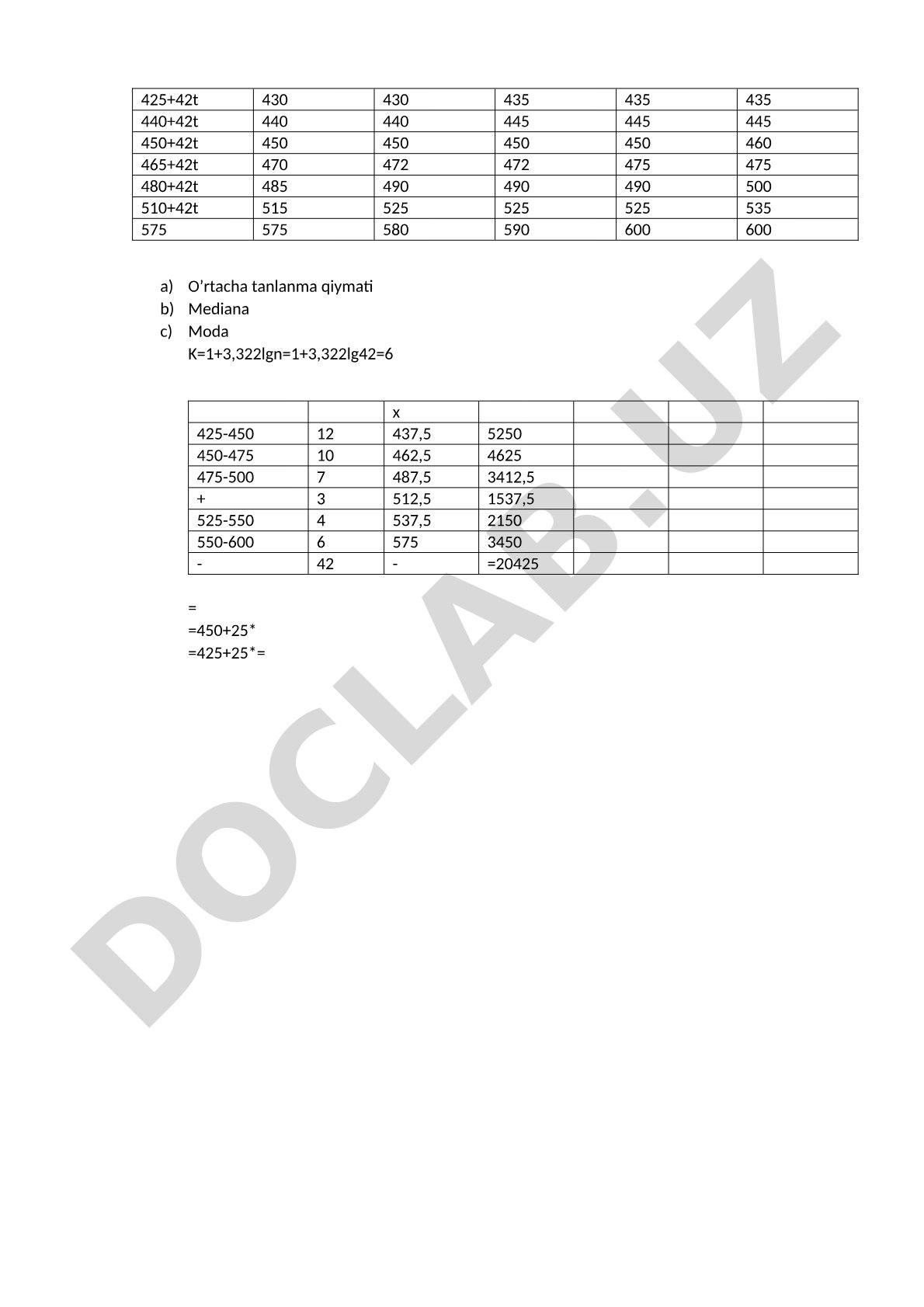 Statistik ma'lumotlarni qayta ishlash (tanlanma o'rtacha, mediana, moda)