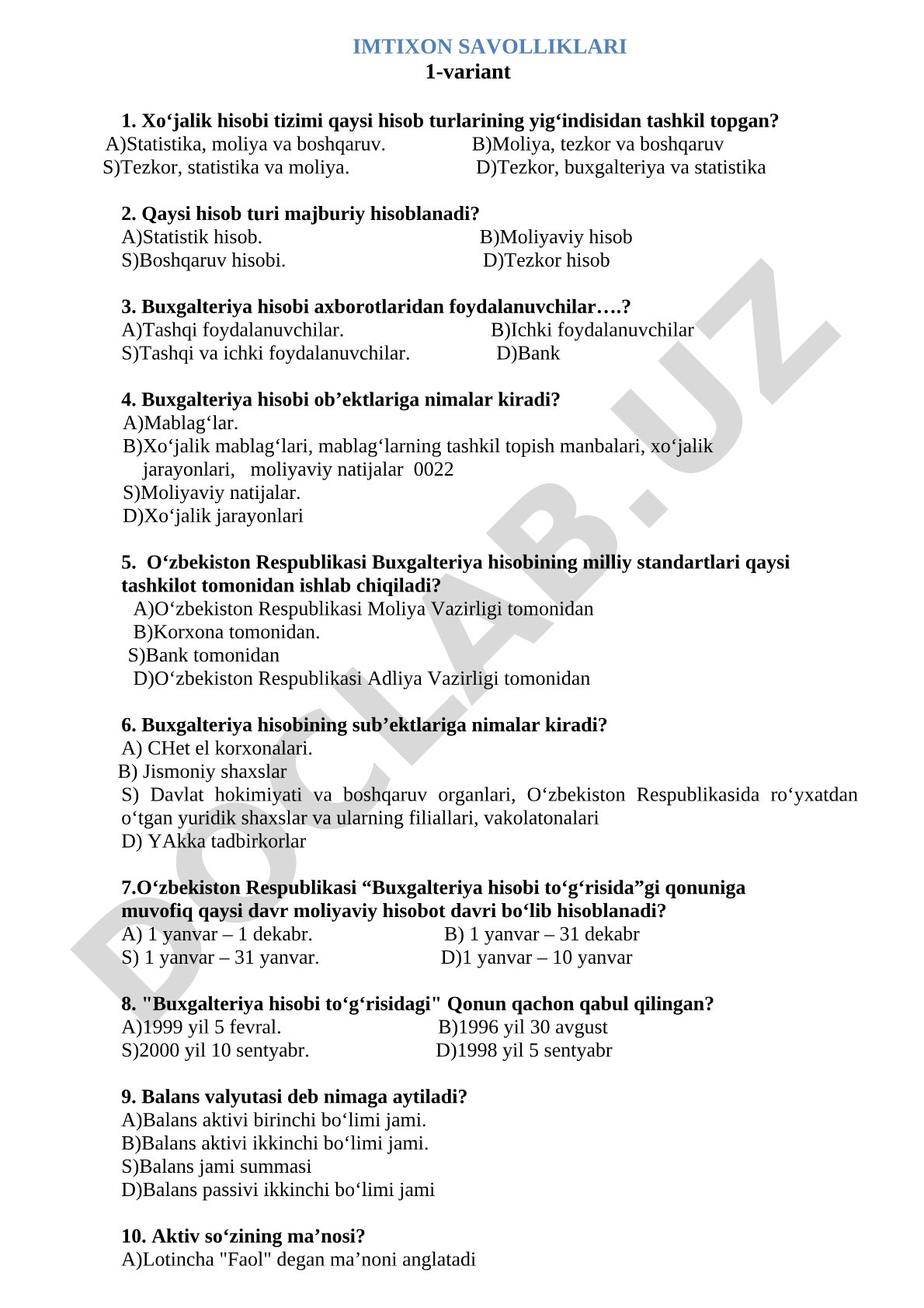 Buxgalteriya hisobi fanidan imtihon savollari 1-variant