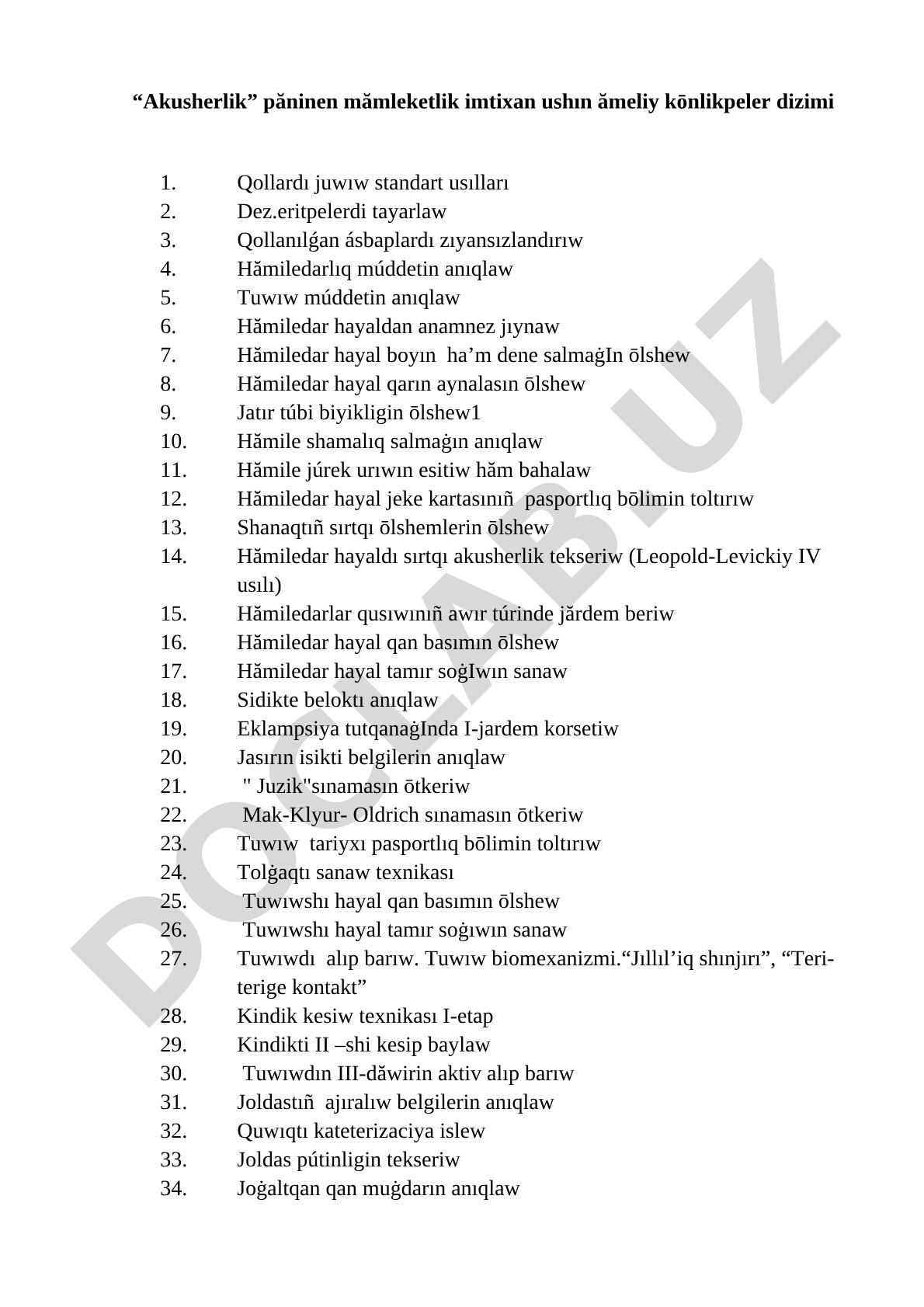 Akusherlik păninen mămleketlik imtixan ushın ămeliy kōnlikpeler dizimi