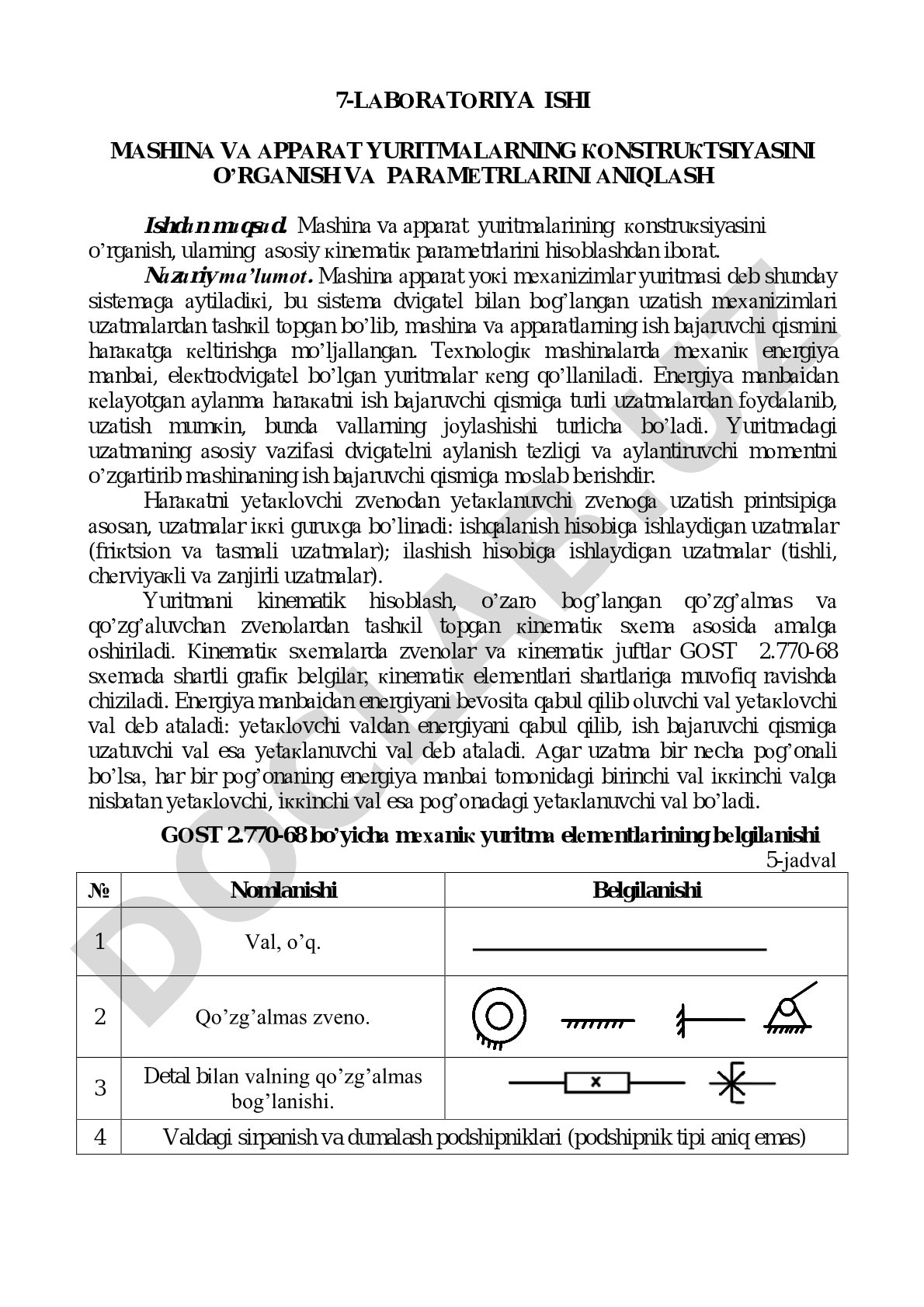 Mashina va apparat yuritmalarning konstruksiyasini o'rganish va parametrlarini aniqlash
