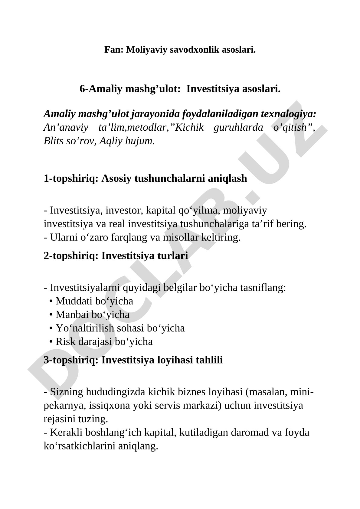 Investitsiya asoslari amaliy mashg'uloti