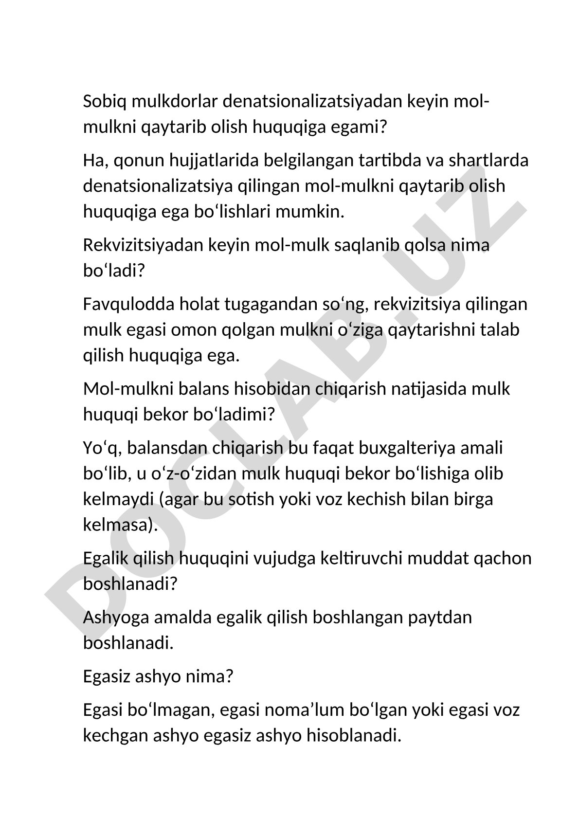 Mulk huquqi, denatsionalizatsiya, rekvizitsiya va egasiz ashyolar
