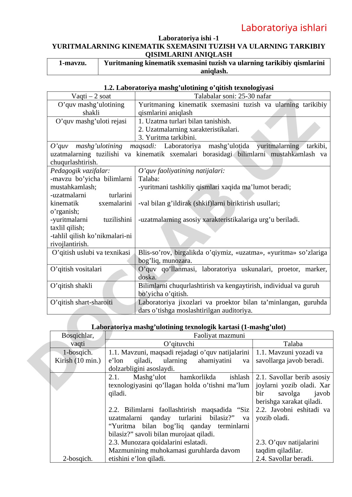Yuritmalarning kinematik sxemasini tuzish va ularning tarkibiy qismlarini aniqlash