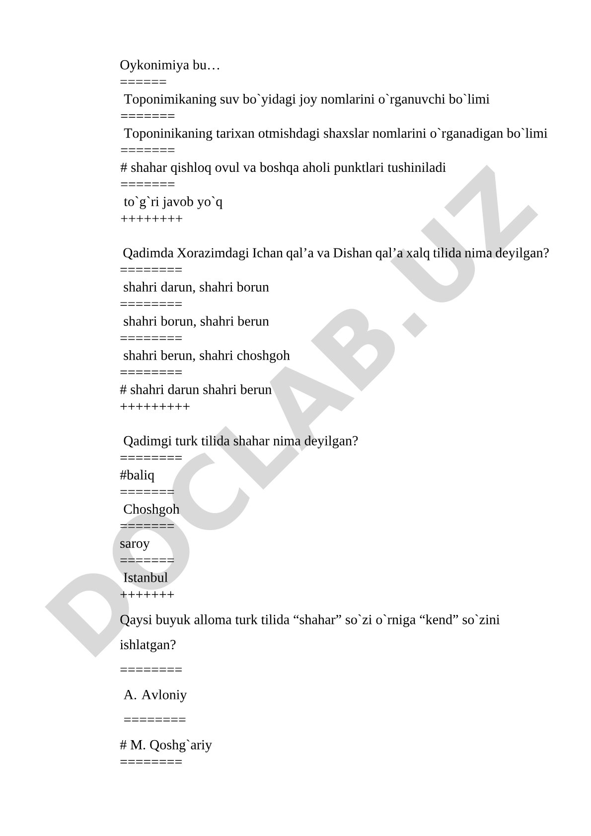 Oykonimika bo'yicha test savollari