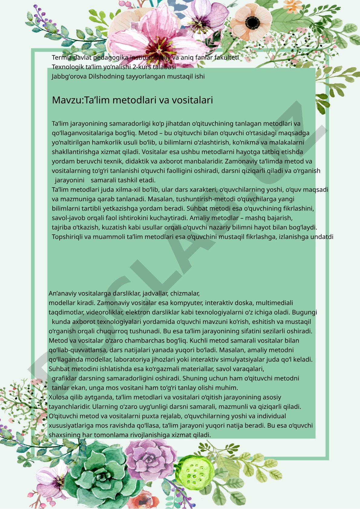 Ta'lim metodlari va vositalari