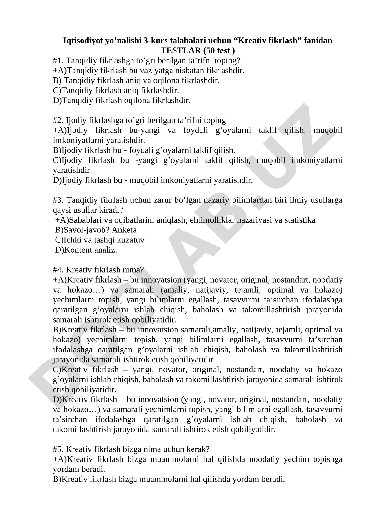 Kreativ fikrlash fanidan testlar (50 test)