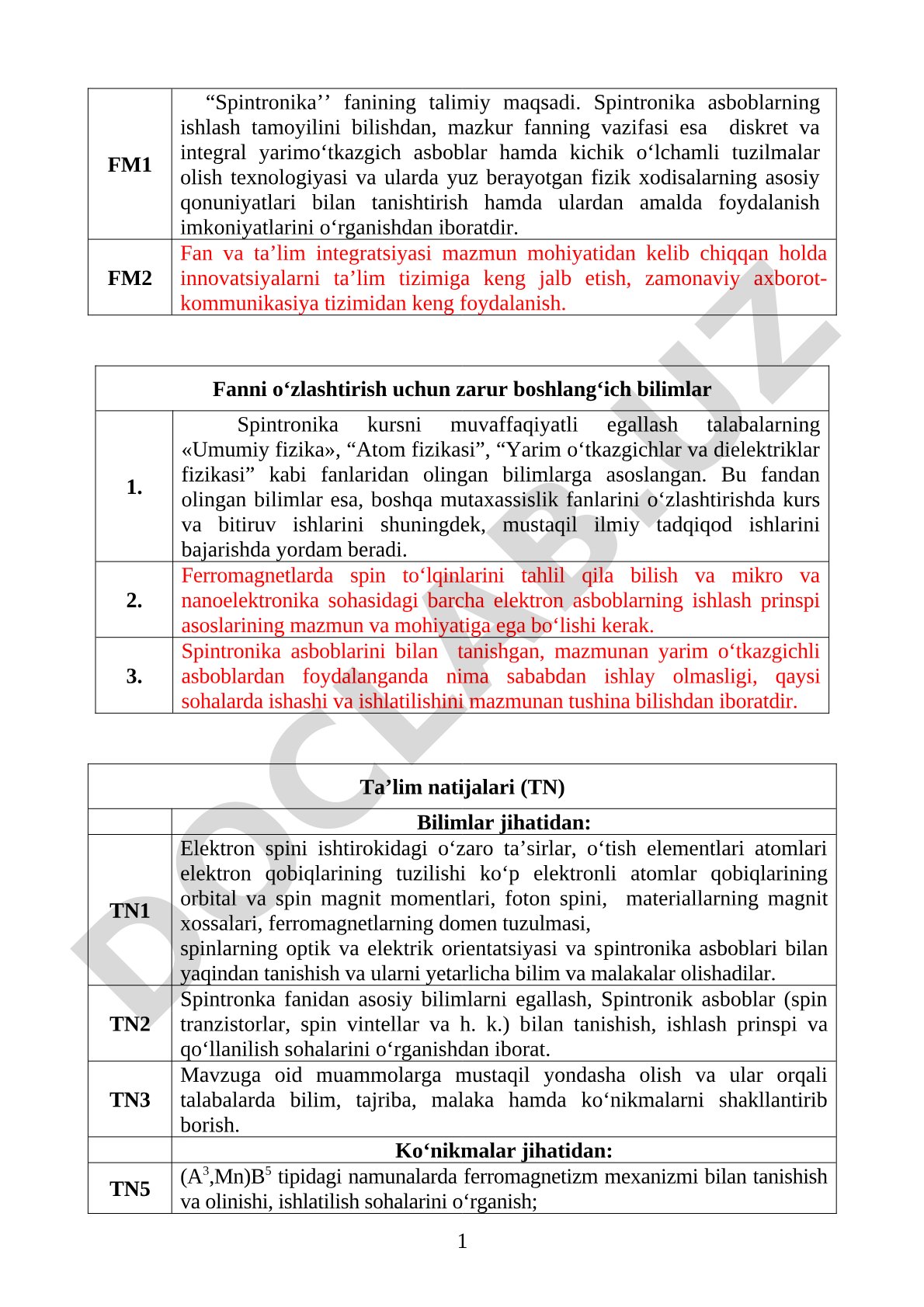 Spintronika fanining talimiy maqsadi