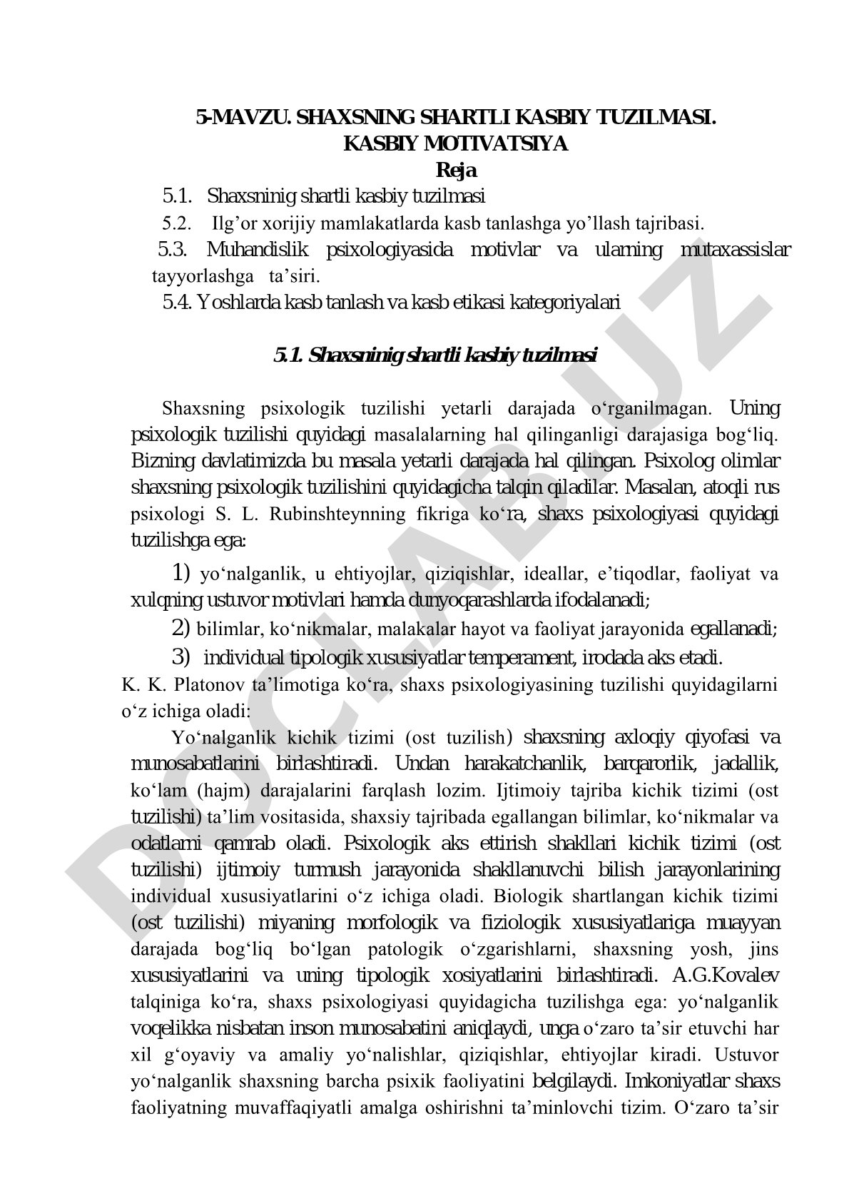 Shaxsning shartli kasbiy tuzilmasi. kasbiy motivatsiya