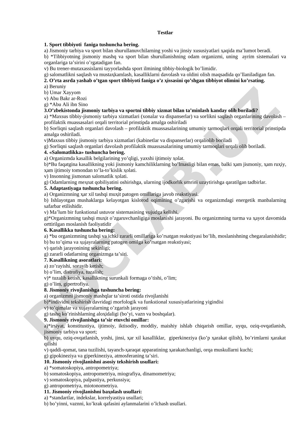 Sport tibbiyoti faniga oid testlar