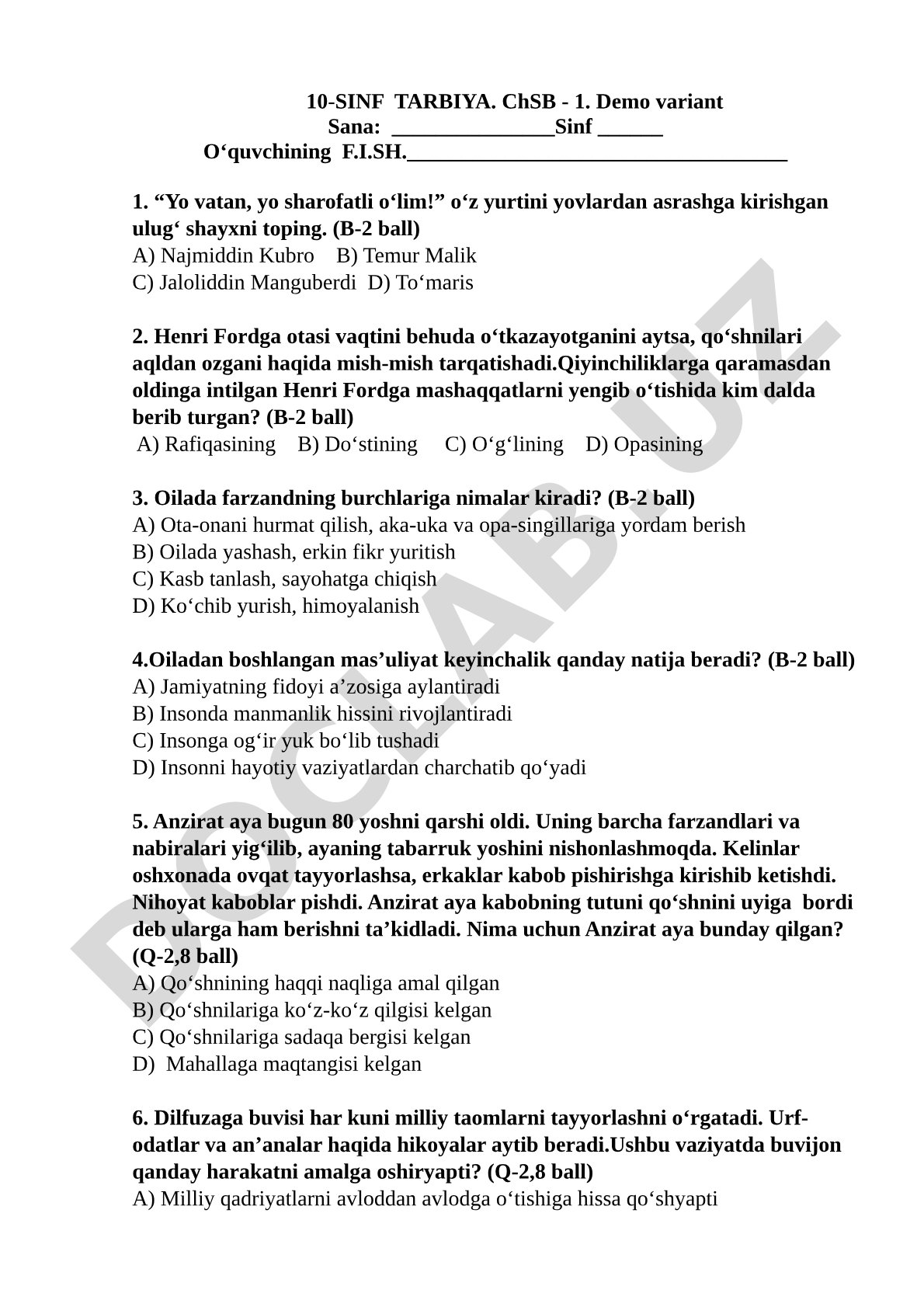 10-sinf Tarbiya ChSB-1 demo variant
