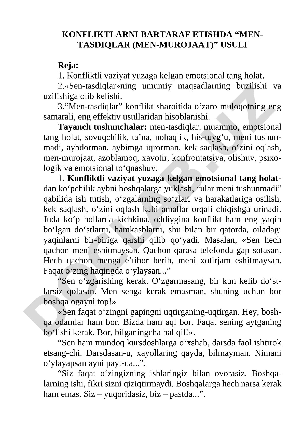 Konfliktlarni bartaraf etishda “men-tasdiqlar (men-murojaat)” usuli