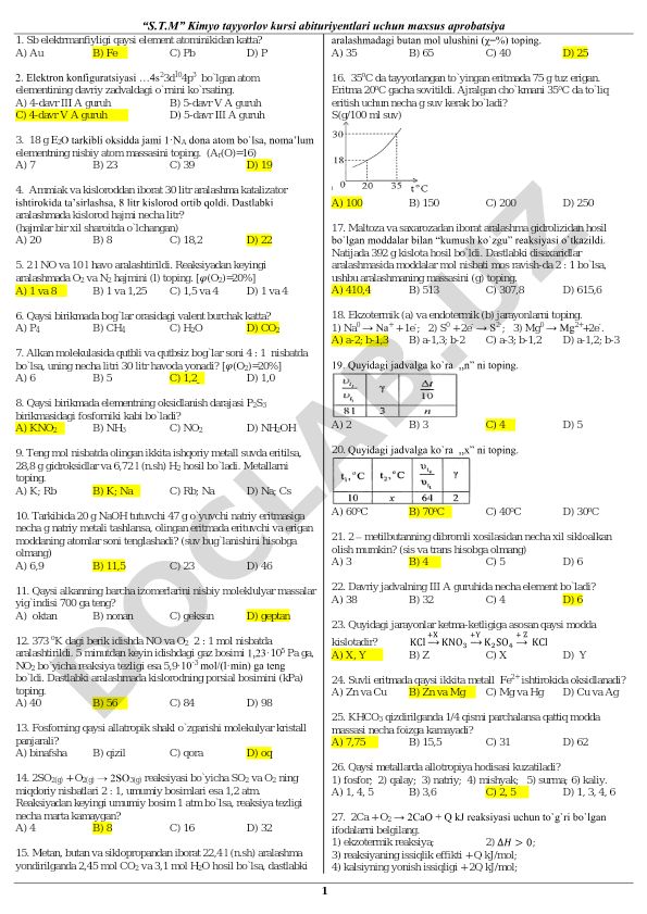 Kimyo fanidan test savollari to'plami