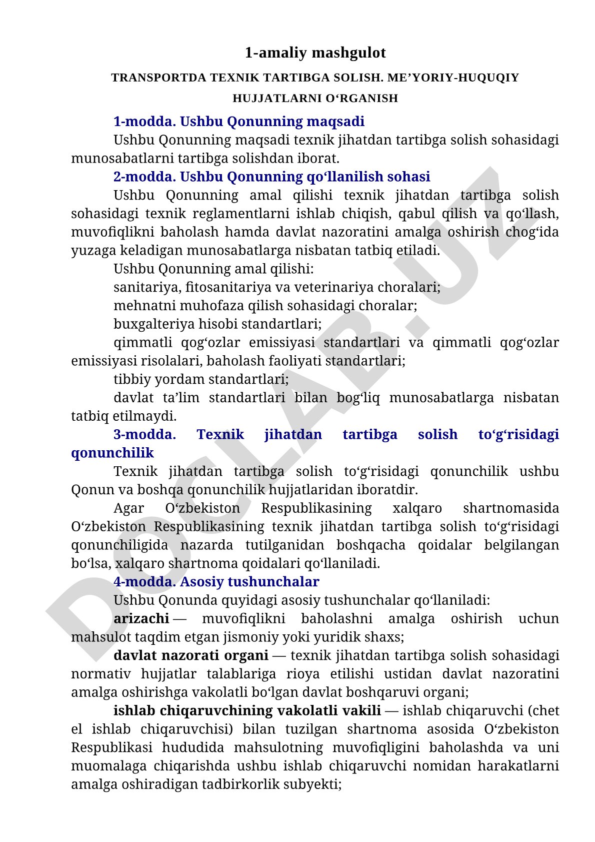 Transportda texnik tartibga solish. Me'yoriy-huquqiy hujjatlarni o'rganish