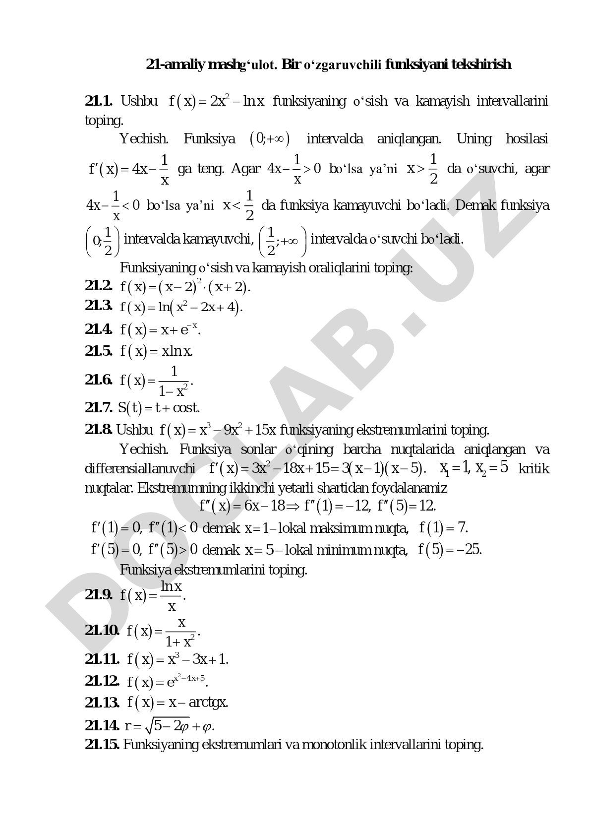 Bir o‘zgaruvchili funksiyani tekshirish