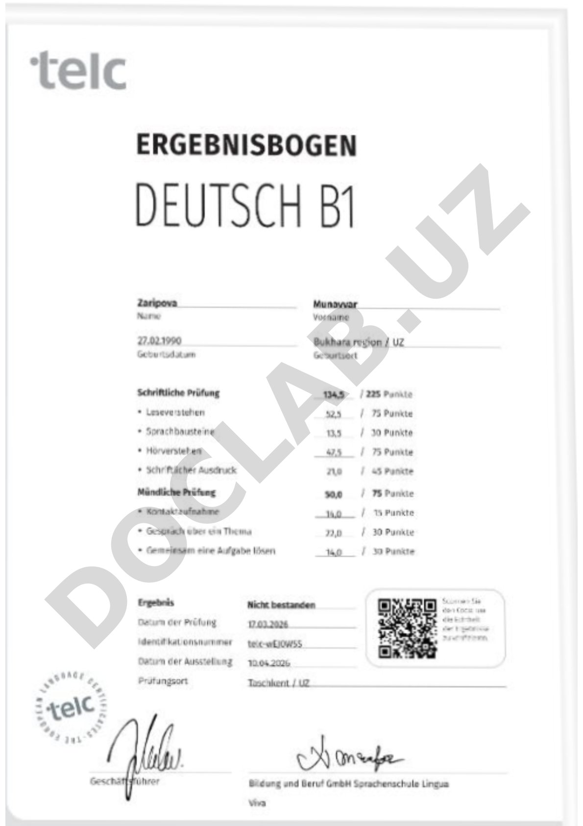 Ergebnisbogen für Deutschprüfung B1