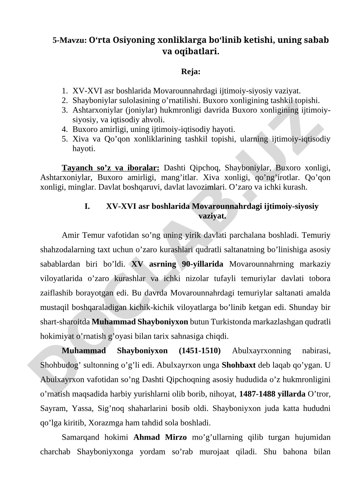 O‘rta Osiyoning xonliklarga bo‘linib ketishi, uning sabab va oqibatlari