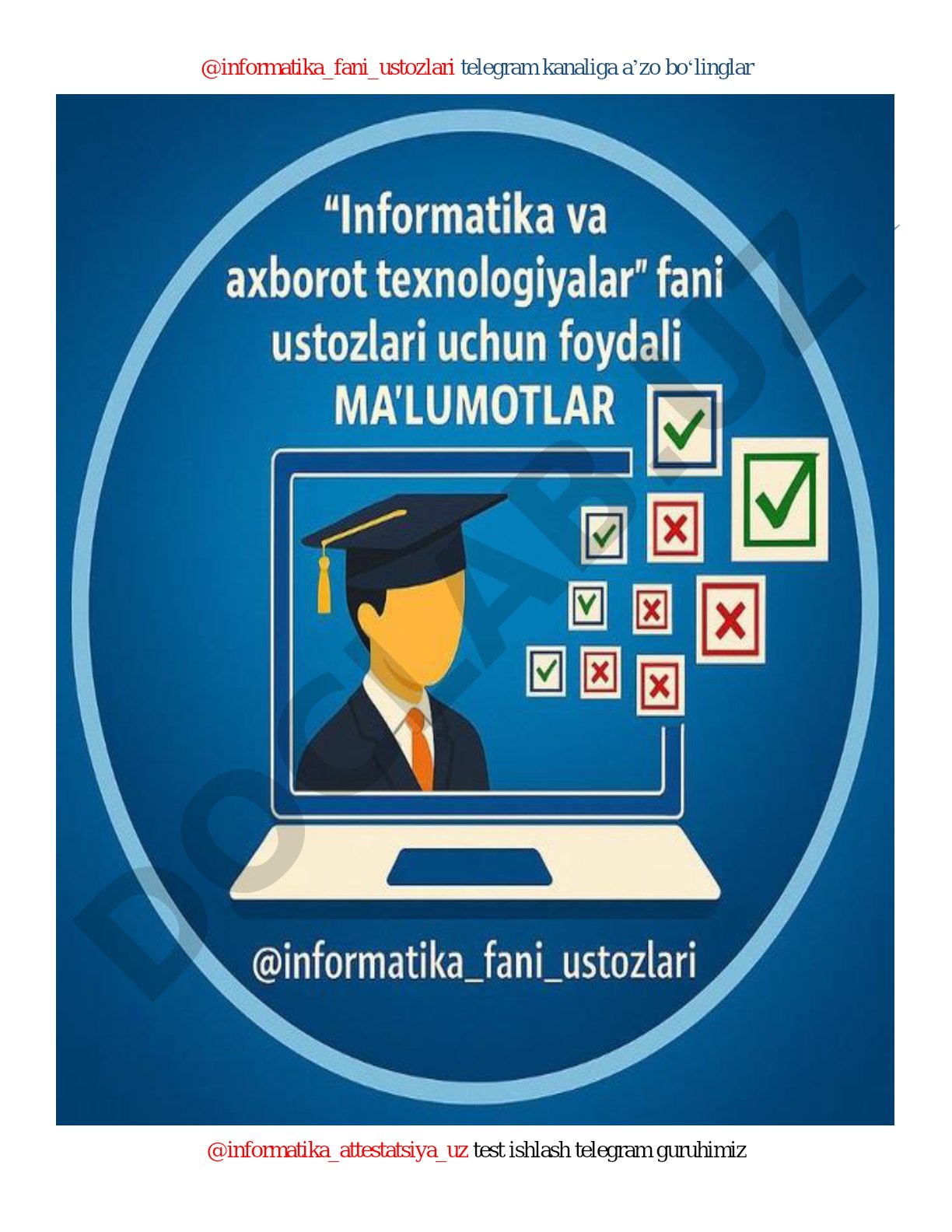 Informatika fanidan test savollari: axborot, ma'lumot, manbalar va qayta ishlash
