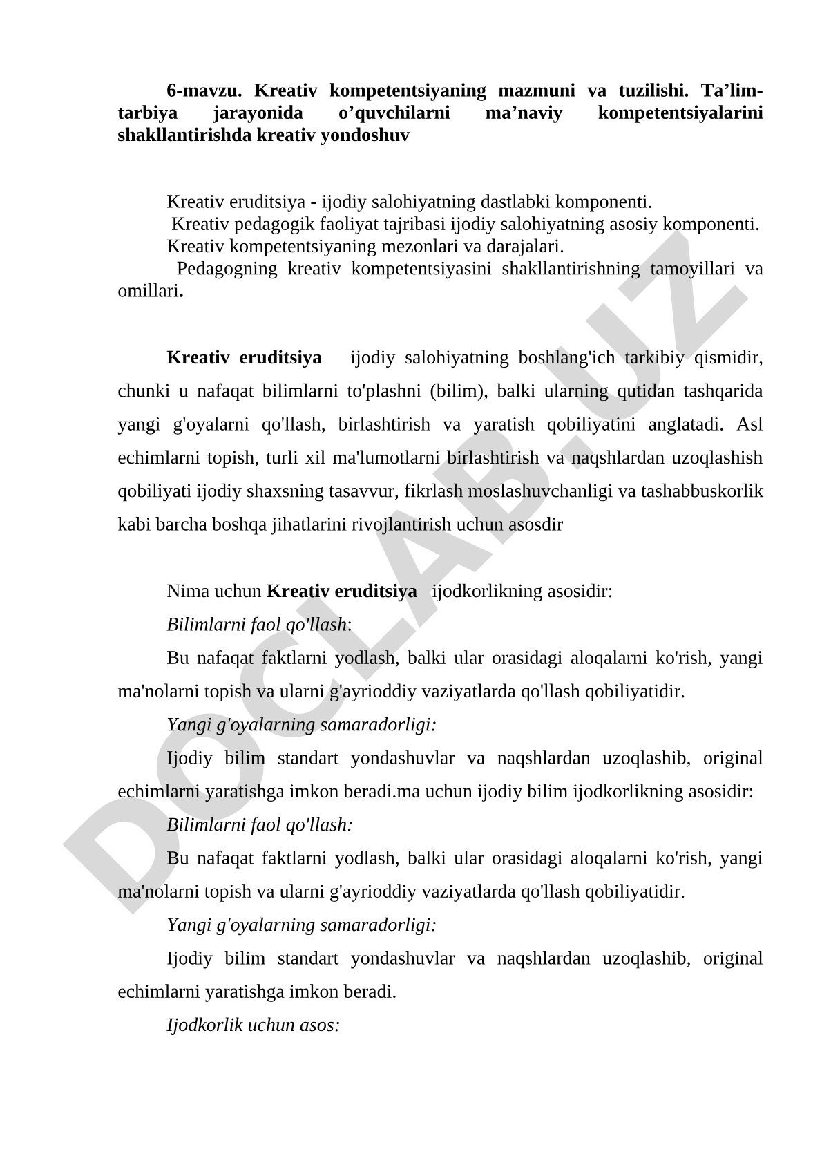 Kreativ kompetentsiyaning mazmuni va tuzilishi