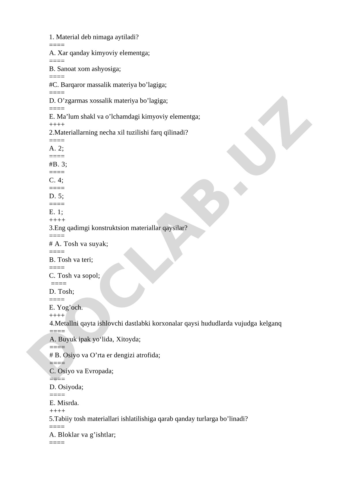 Materialshunoslik fanidan test savollari