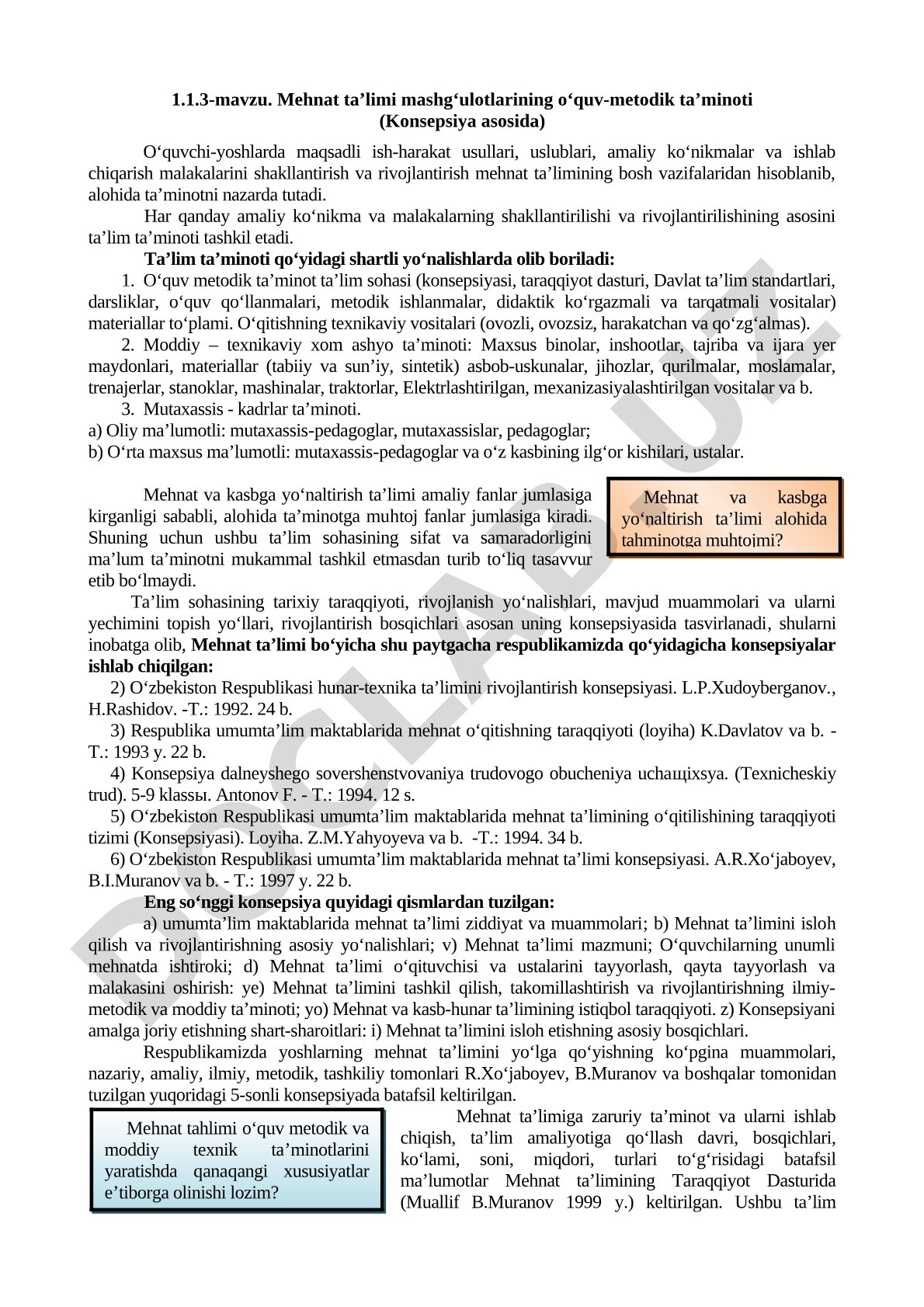 Mehnat ta’limi mashg‘ulotlarining o‘quv-metodik ta’minoti (Konsepsiya asosida)