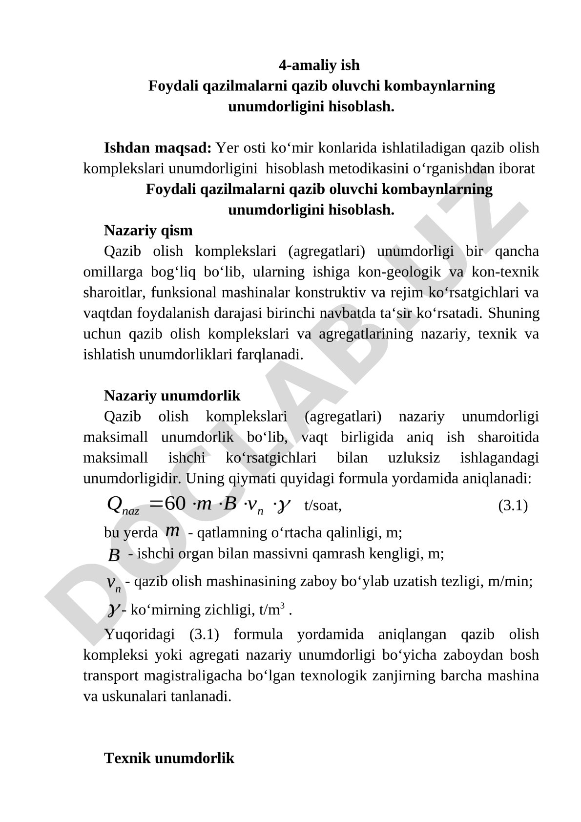 Foydali qazilmalarni qazib oluvchi kombaynlarning unumdorligini hisoblash