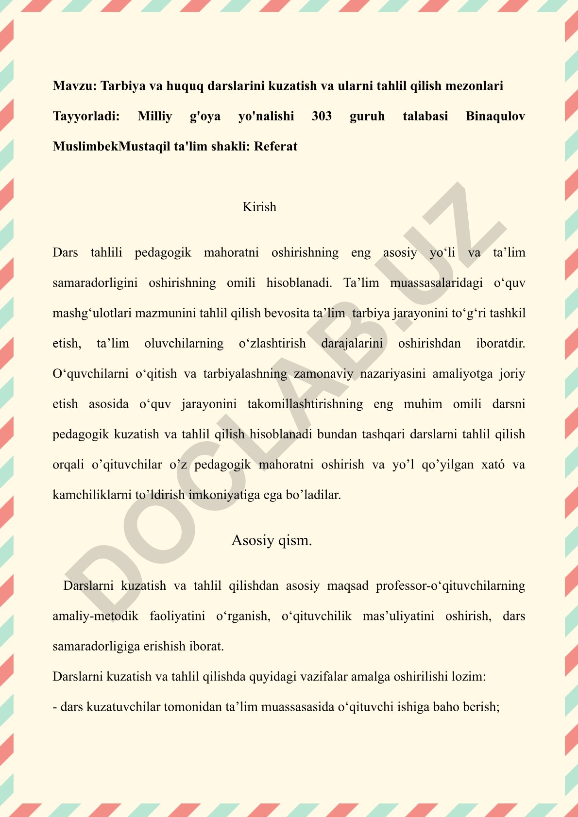 Tarbiya va huquq darslarini kuzatish va ularni tahlil qilish mezonlari