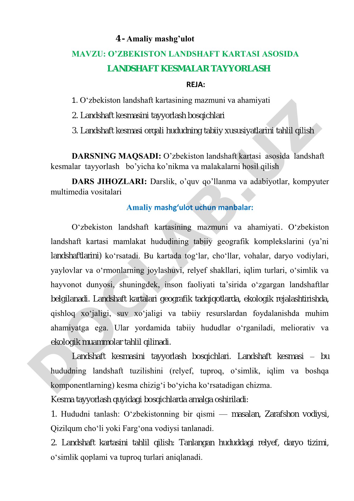 O‘zbekiston landshaft kartasi asosida landshaft kesmalar tayyorlash
