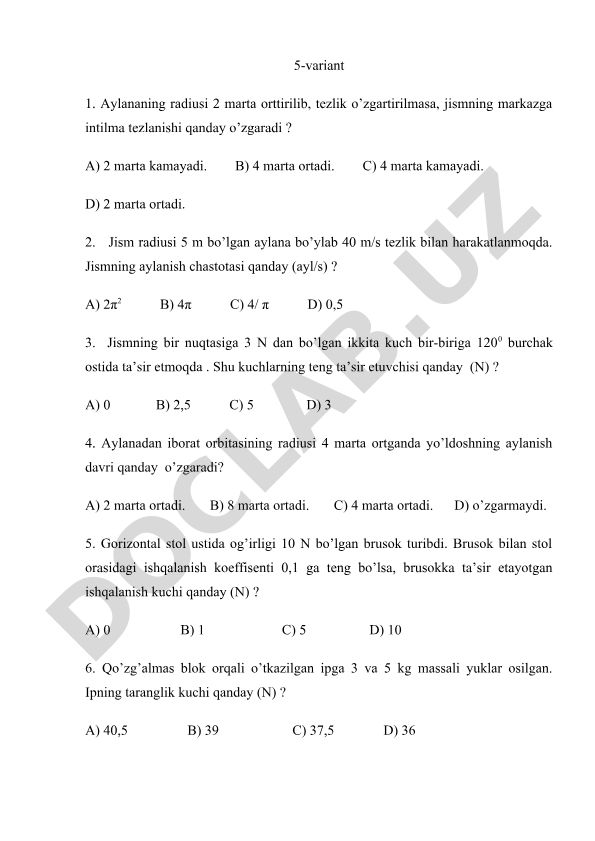 Fizika fanidan test savollari va masalalar