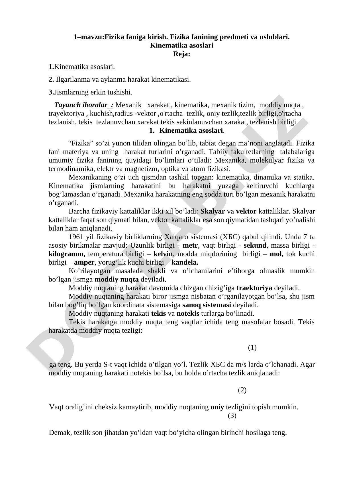 Fizika faniga kirish. Fizika fanining predmeti va uslublari. Kinematika asoslari