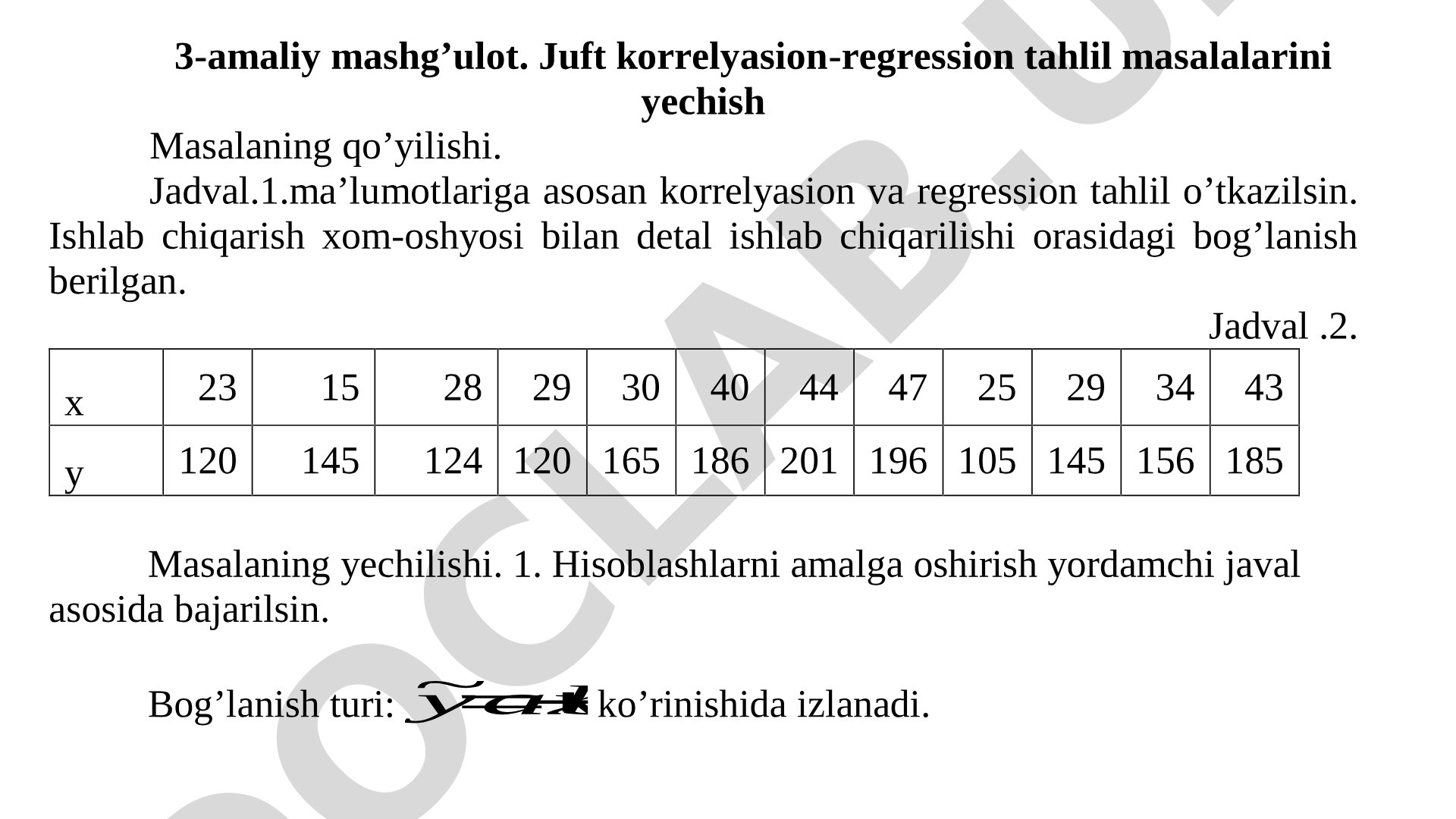 3 - amaliy mashg’ulot. Juft korrelyasion - regression tahlil masalalarini yechish