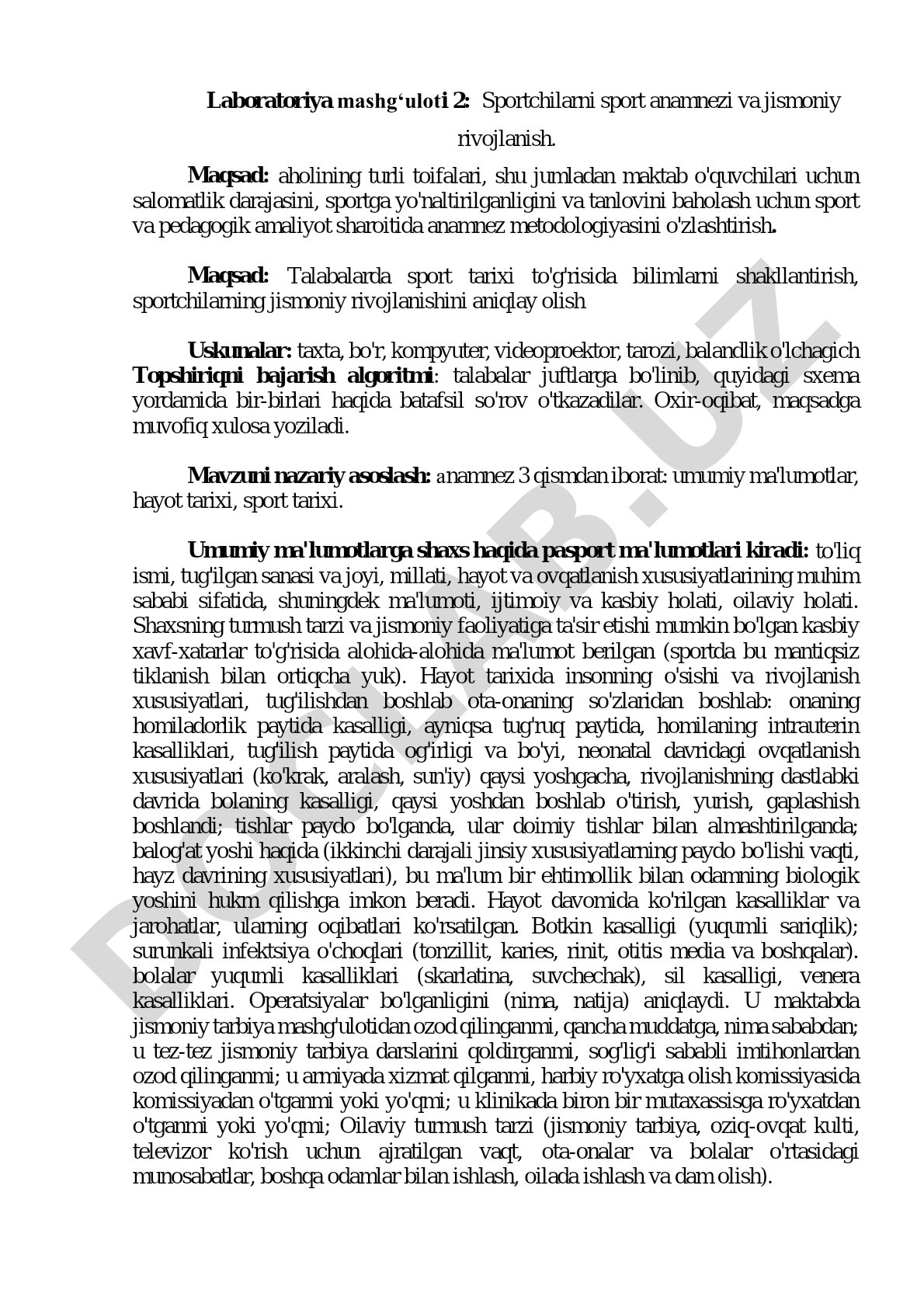 Sportchilarni sport anamnezi va jismoniy rivojlanish