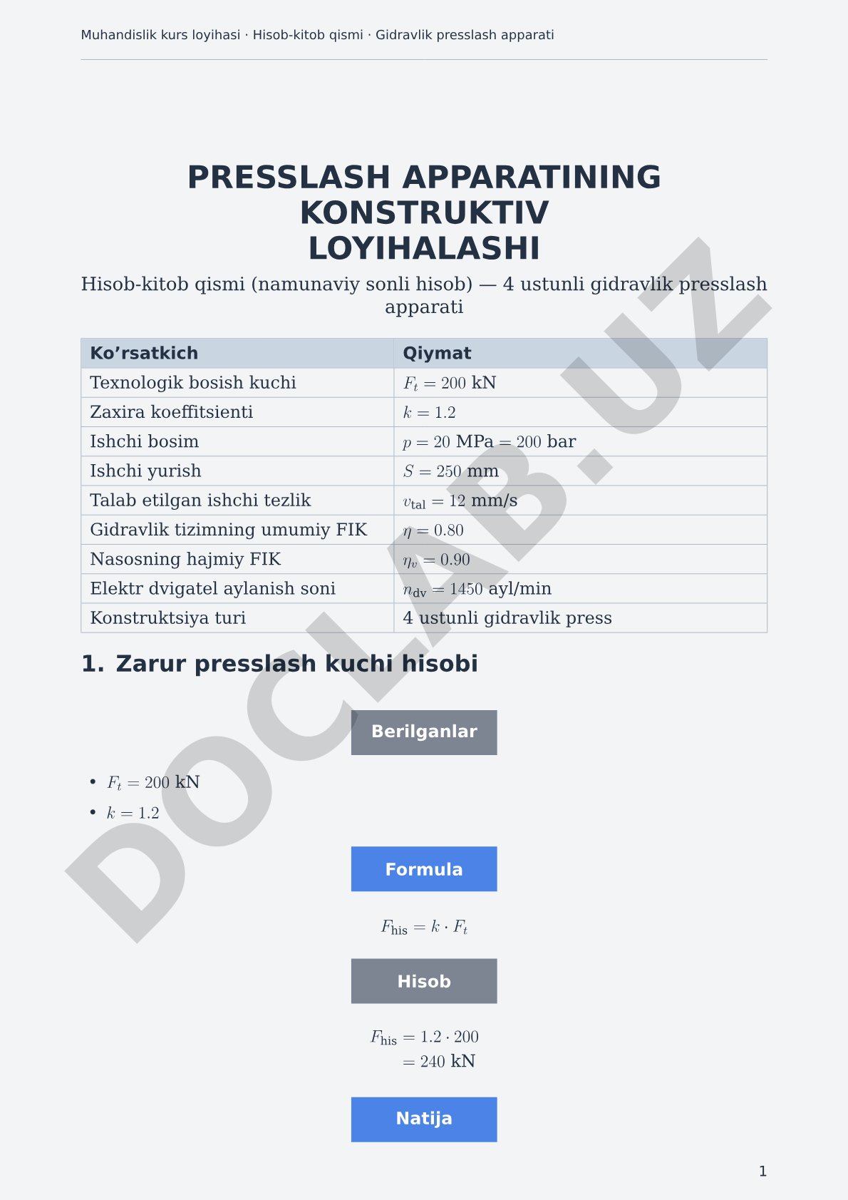 Presslash apparatining konstruktiv loyihalashi