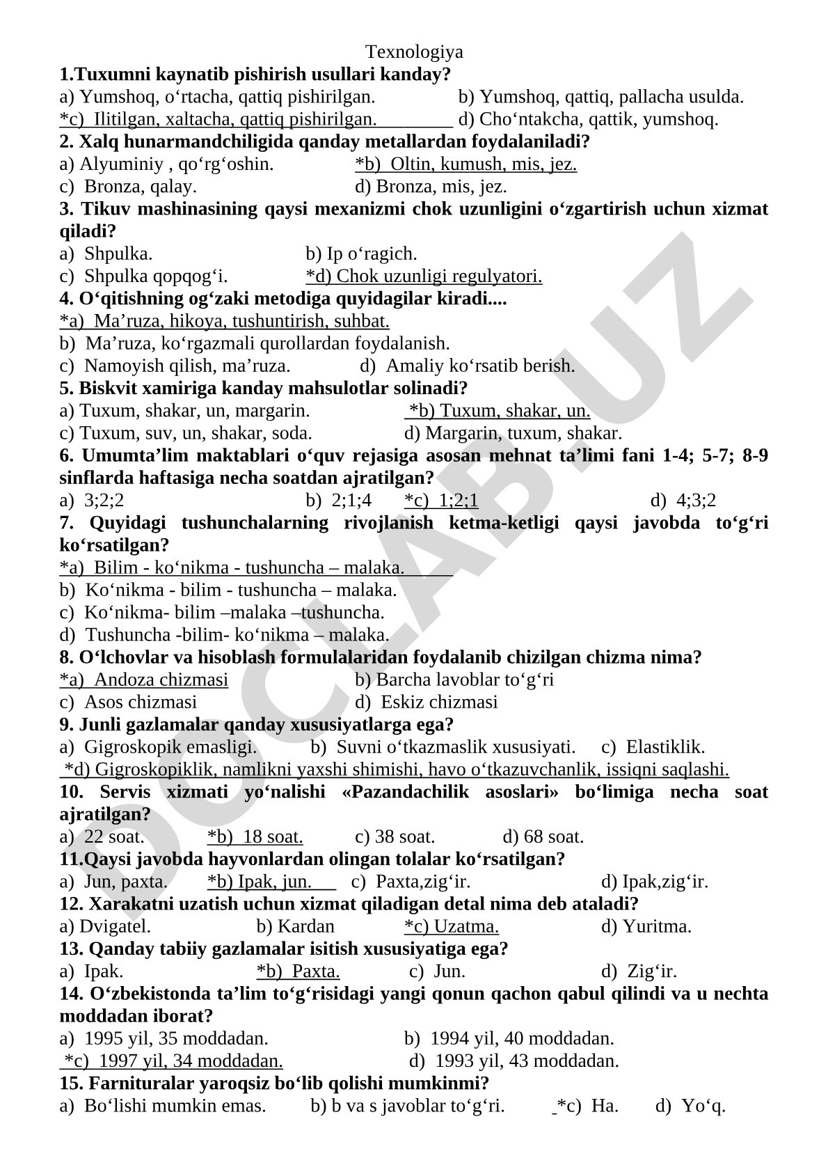Texnologiya fanidan test savollari
