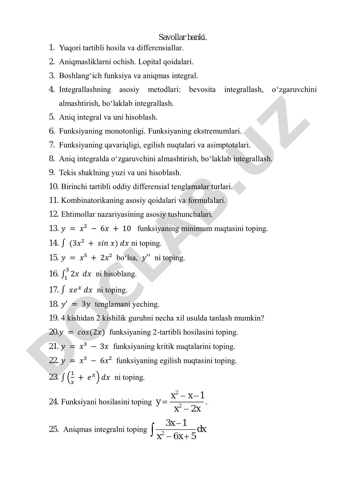 Oliy matematika fanidan savollar banki